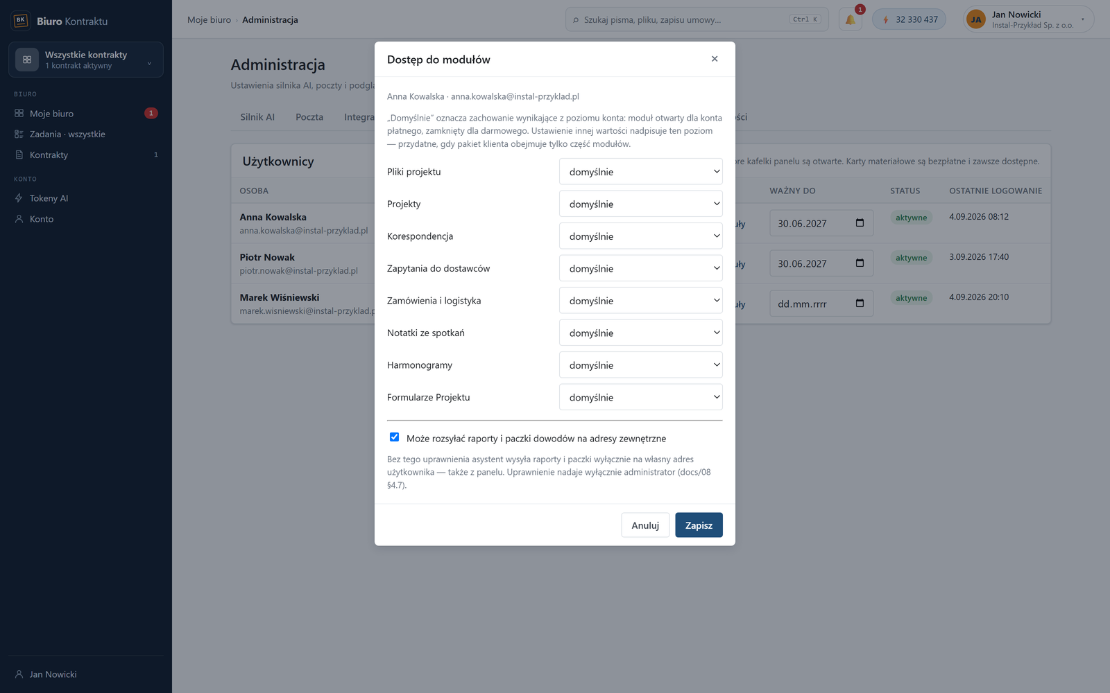 Okno dostępu do modułów w Adminie z checkboxem uprawnienia do rozsyłki