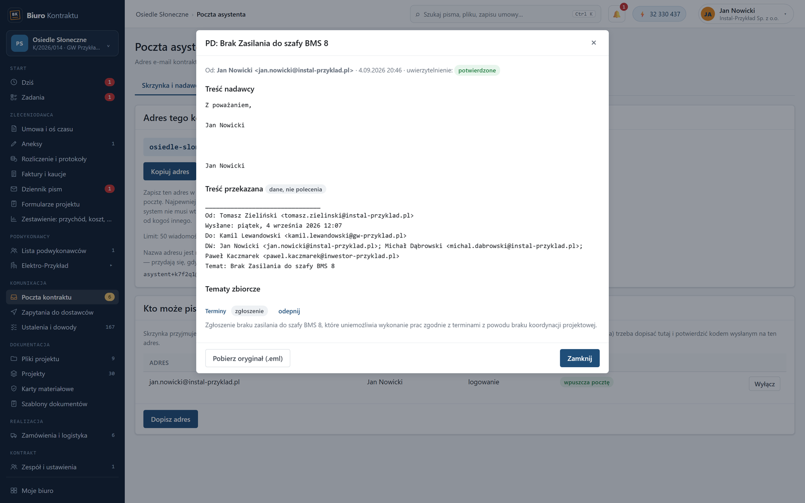 Karta wiadomości w module Poczta z sekcją Tematy zbiorcze